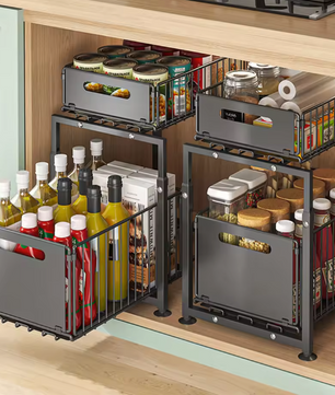 Uittrekbaar Opbergrek met 2 Lagen – Verstelbare Organizer voor Keuken & Badkamer, Zwart