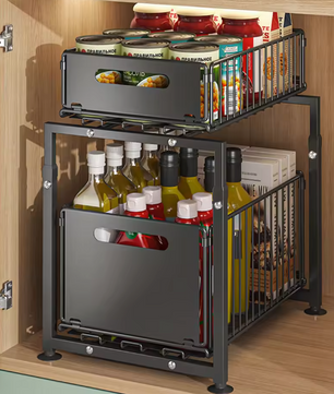 Uittrekbaar Opbergrek met 2 Lagen – Verstelbare Organizer voor Keuken & Badkamer, Zwart