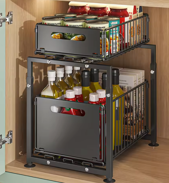 Uittrekbaar Opbergrek met 2 Lagen – Verstelbare Organizer voor Keuken & Badkamer, Zwart