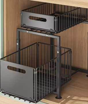 Uittrekbaar Opbergrek met 2 Lagen – Verstelbare Organizer voor Keuken & Badkamer, Zwart
