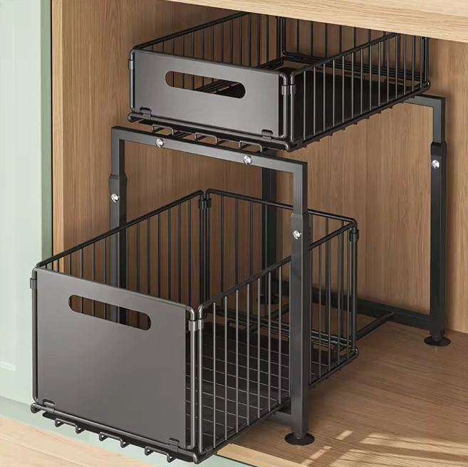 Uittrekbaar Opbergrek met 2 Lagen – Verstelbare Organizer voor Keuken & Badkamer, Zwart