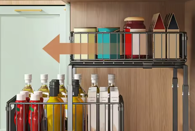 Uittrekbaar Opbergrek met 2 Lagen – Verstelbare Organizer voor Keuken & Badkamer, Zwart