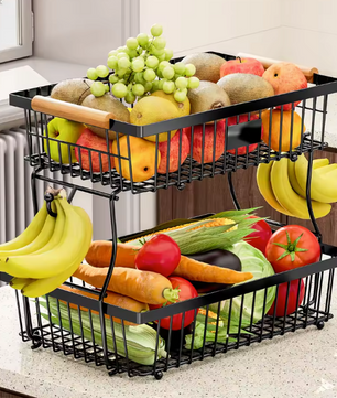 Stapelbare Fruit- en Groentemand – Metalen Opbergmand met Houten Handvat & Haak