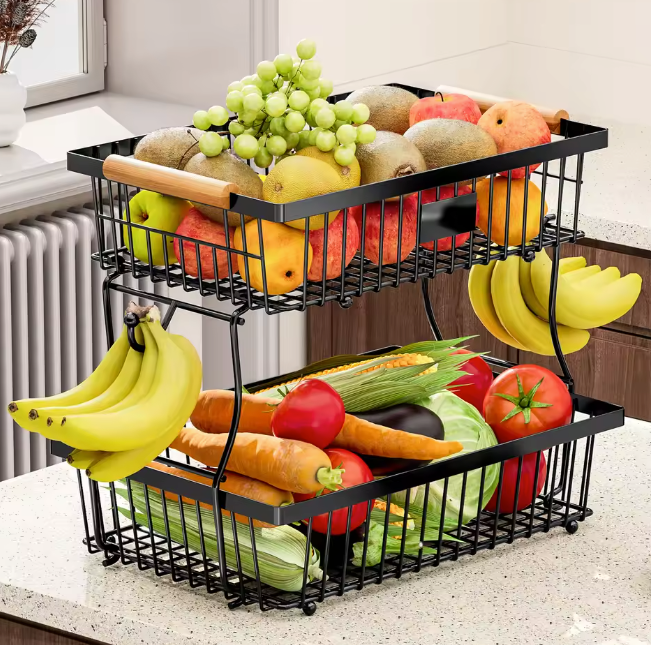 Stapelbare Fruit- en Groentemand – Metalen Opbergmand met Houten Handvat & Haak
