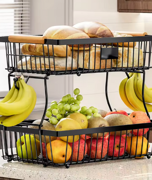 Stapelbare Fruit- en Groentemand – Metalen Opbergmand met Houten Handvat & Haak