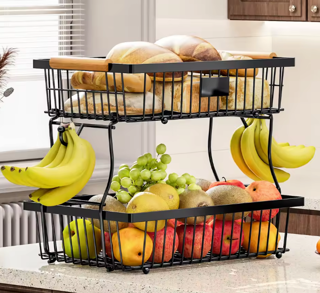 Stapelbare Fruit- en Groentemand – Metalen Opbergmand met Houten Handvat & Haak