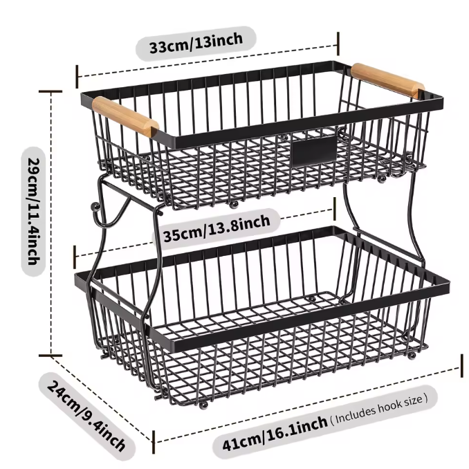 Stapelbare Fruit- en Groentemand – Metalen Opbergmand met Houten Handvat & Haak