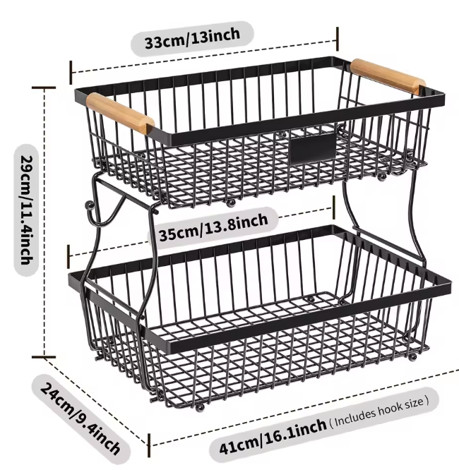 Stapelbare Fruit- en Groentemand – Metalen Opbergmand met Houten Handvat & Haak