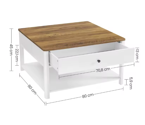 Salontafel met 2 lades en plank – 80x80 cm maritiem design