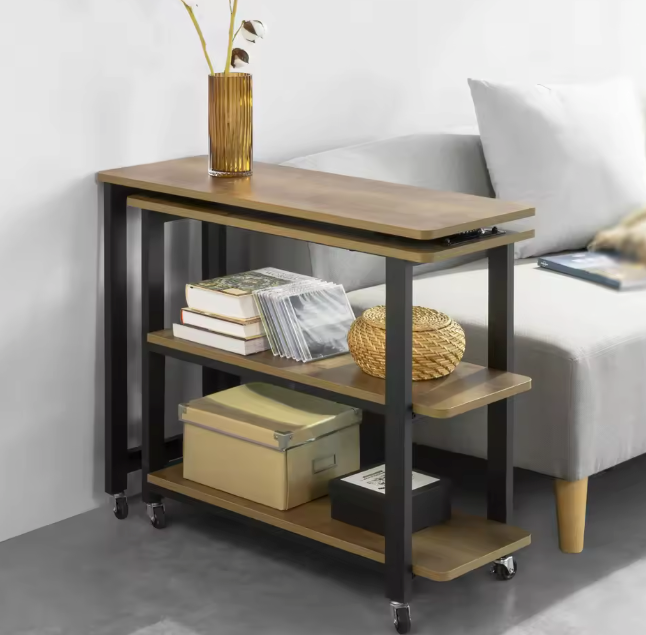 L-Vormige Bijzettafel met Wielen – 2 Planken & Verstelbaar