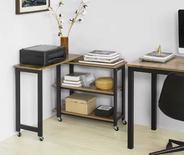 L-Vormige Bijzettafel met Wielen – 2 Planken & Verstelbaar