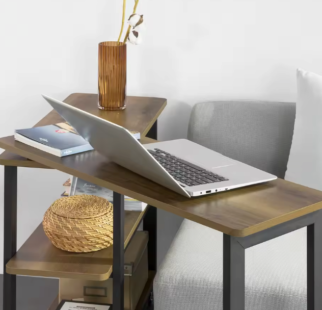 L-Vormige Bijzettafel met Wielen – 2 Planken & Verstelbaar
