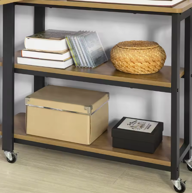 L-Vormige Bijzettafel met Wielen – 2 Planken & Verstelbaar