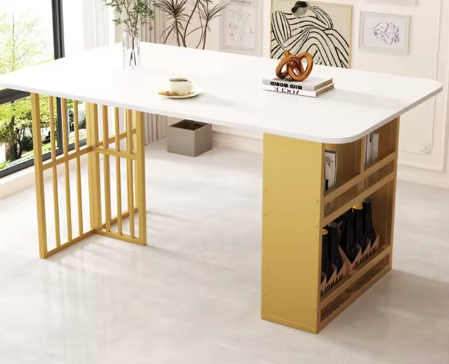 Rechthoekige Eettafel met Opbergruimte – Wit & Goud Design