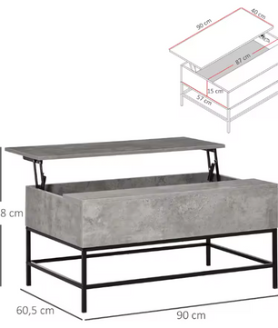Hefsalontafel met Verborgen Opbergruimte – Cementgrijs MDF
