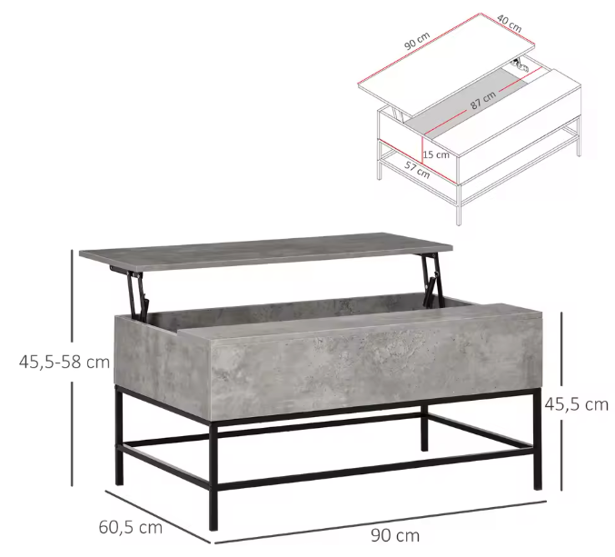 Hefsalontafel met Verborgen Opbergruimte – Cementgrijs MDF