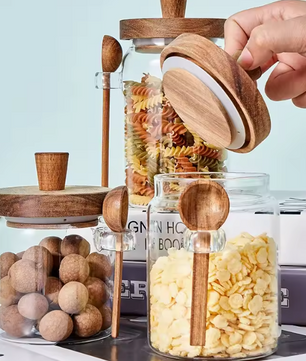 Glazen voorraadpot set met houten lepels – 5-delig