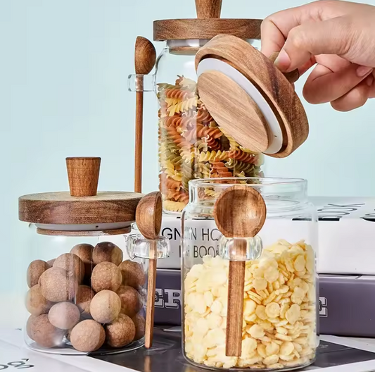 Glazen voorraadpot set met houten lepels – 5-delig