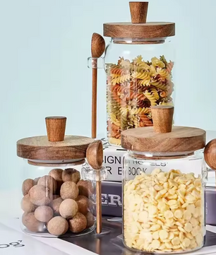 Glazen voorraadpot set met houten lepels – 5-delig