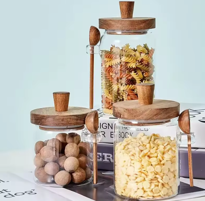Glazen voorraadpot set met houten lepels – 5-delig