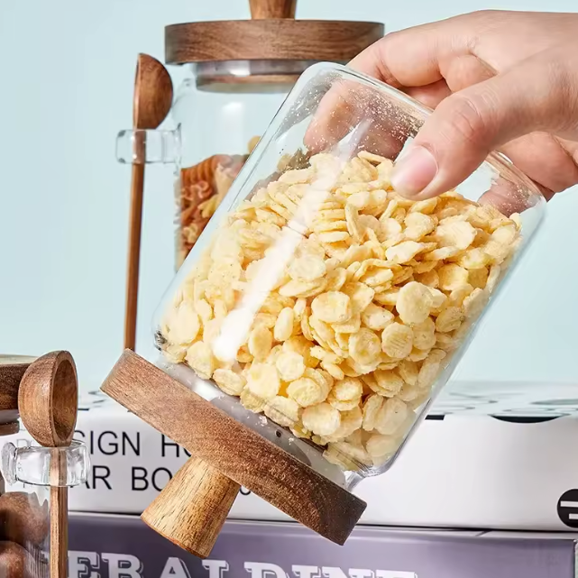 Glazen voorraadpot set met houten lepels – 5-delig