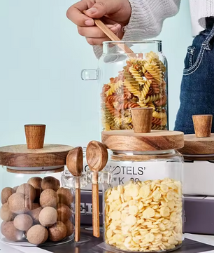 Glazen voorraadpot set met houten lepels – 5-delig