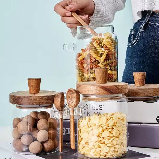 Glazen voorraadpot set met houten lepels – 5-delig