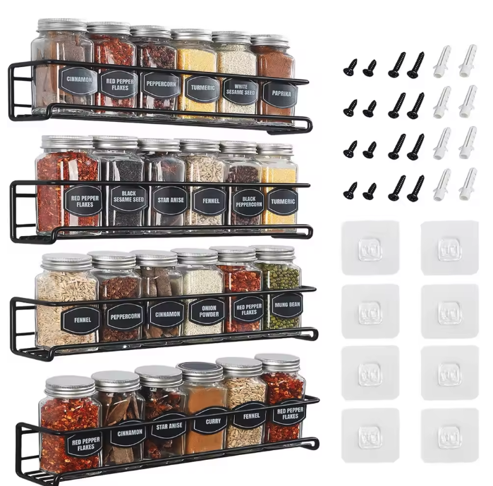 4-Delige Wandkruidenrekken – RVS Keuken Organizer Zwart