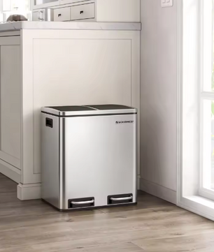 Prullenbak met 2 Compartimenten – 30L RVS Afvalscheidingsbak met Softclose Deksel & Pedaalbediening