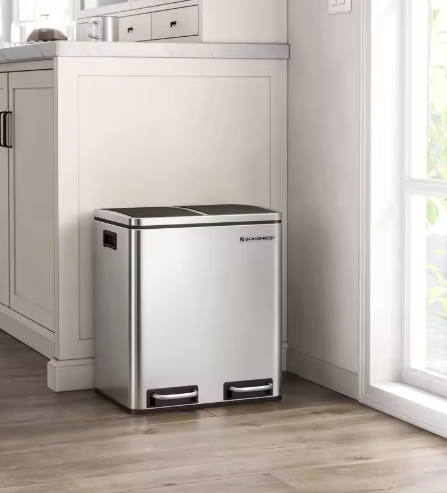 Prullenbak met 2 Compartimenten – 30L RVS Afvalscheidingsbak met Softclose Deksel & Pedaalbediening