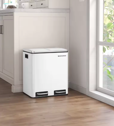 Prullenbak met 2 Compartimenten – 30L RVS Afvalscheidingsbak met Softclose Deksel & Pedaalbediening