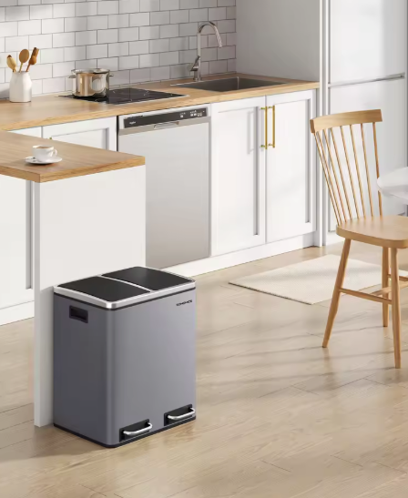 Prullenbak met 2 Compartimenten – 30L RVS Afvalscheidingsbak met Softclose Deksel & Pedaalbediening