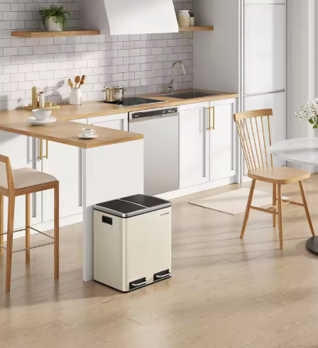 Prullenbak met 2 Compartimenten – 30L RVS Afvalscheidingsbak met Softclose Deksel & Pedaalbediening