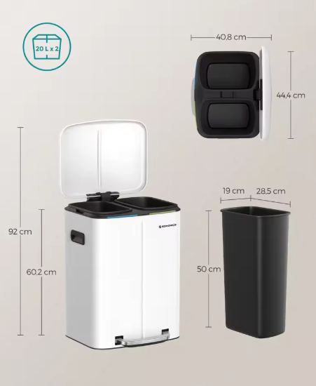 Pedaalemmer 40L met 2 Compartimenten – Softclose & Afvalscheiding