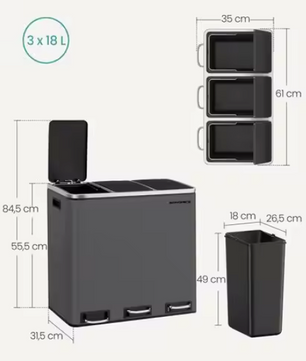 Prullenbak met 3 Compartimenten – 3×18L, Softclose & Pedaalbediening
