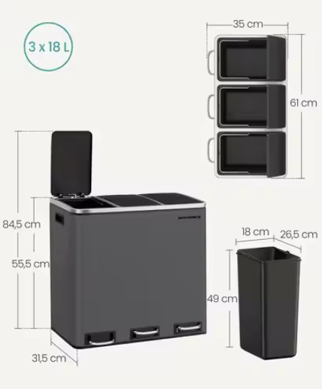 Prullenbak met 3 Compartimenten – 3×18L, Softclose & Pedaalbediening