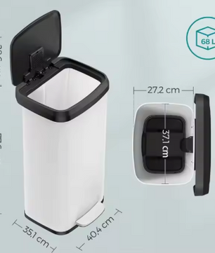 Rechthoekige Prullenbak 60L – Softclose Pedaalemmer met 2 Vakken