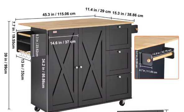 Mobiel Keukeneiland met Opbergkast – Houten Blad & Wielen, Inklapbaar Werkblad
