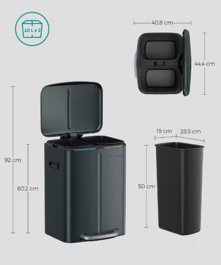 Prullenbak met 2 Vakken – 2×20L Pedaalemmer met Softclose