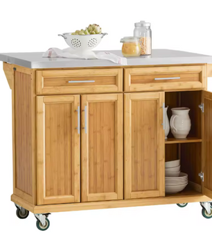 Keukeneiland 115 cm – RVS Werkblad, Bamboe Kast & Opbergruimte