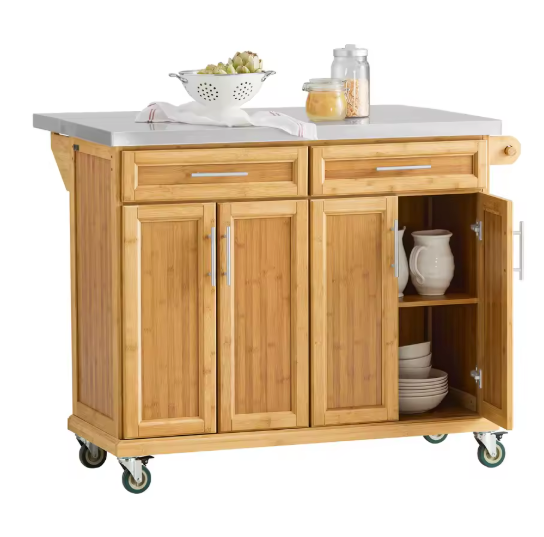 Keukeneiland 115 cm – RVS Werkblad, Bamboe Kast & Opbergruimte