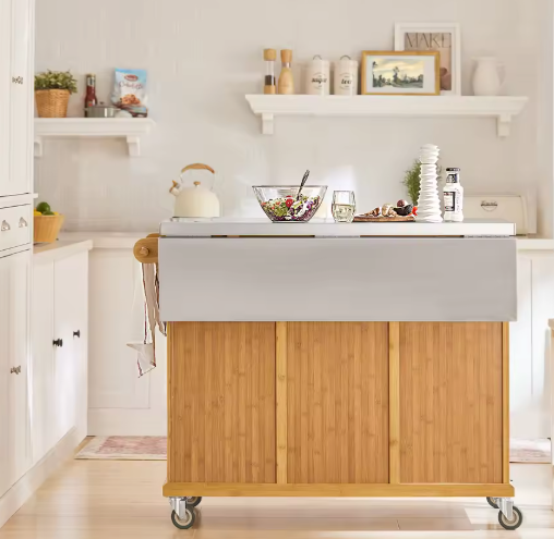 Keukeneiland 115 cm – RVS Werkblad, Bamboe Kast & Opbergruimte