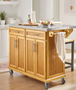 Keukeneiland 115 cm – RVS Werkblad, Bamboe Kast & Opbergruimte
