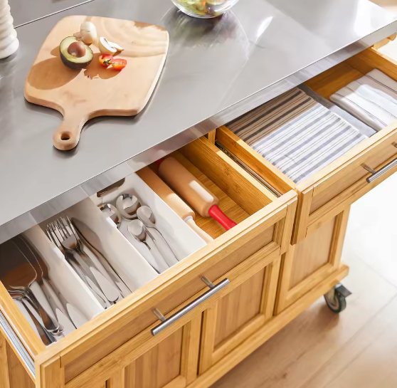 Keukeneiland 115 cm – RVS Werkblad, Bamboe Kast & Opbergruimte