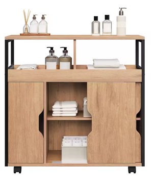Industriële Badkamerkast met Wielen – 70×70×20 cm, Verstelbare Planken & Schuifdeuren