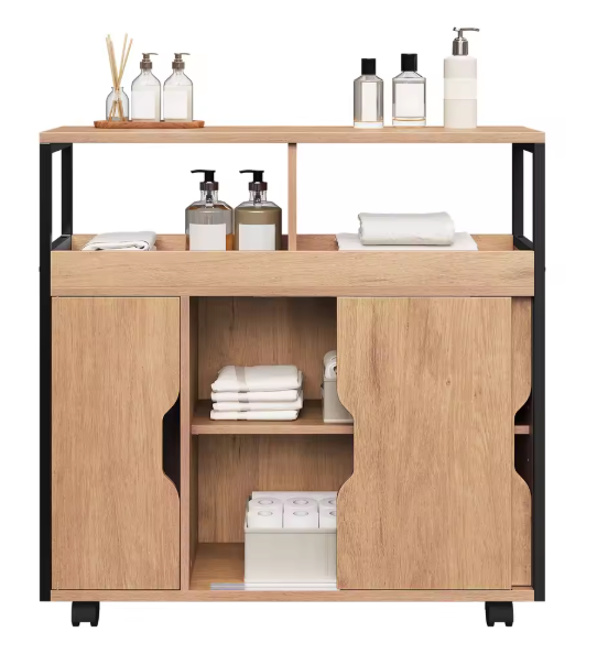 Industriële Badkamerkast met Wielen – 70×70×20 cm, Verstelbare Planken & Schuifdeuren
