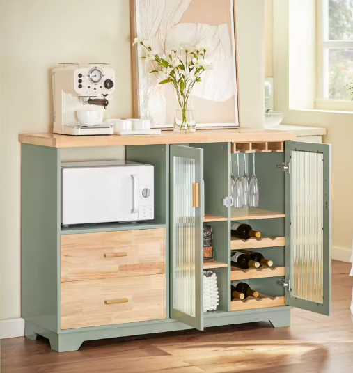 Groen Dressoir met Glazen Deuren – Buffetkast van MDF & Hout, 120 cm
