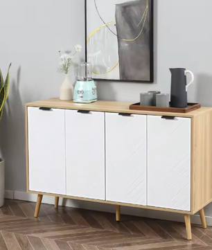 Moderne Buffetkast met Visgraatdeuren – 120×35×77 cm, Wit/Hout