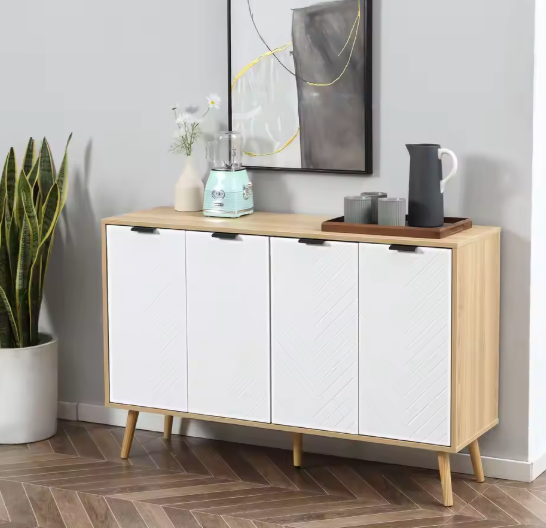 Moderne Buffetkast met Visgraatdeuren – 120×35×77 cm, Wit/Hout