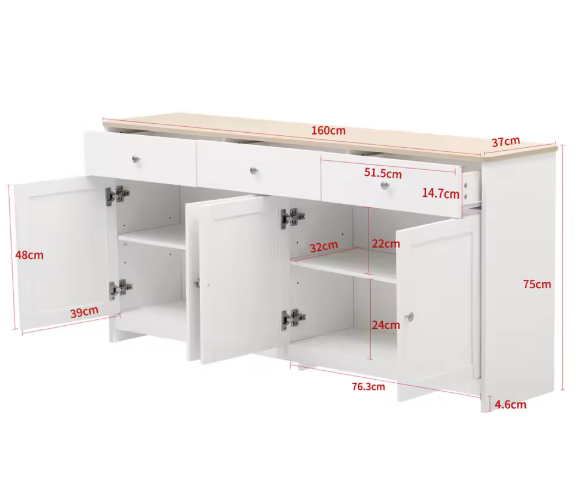 Landelijk Dressoir met 3 Laden & 4 Deuren – 160×37×75 cm